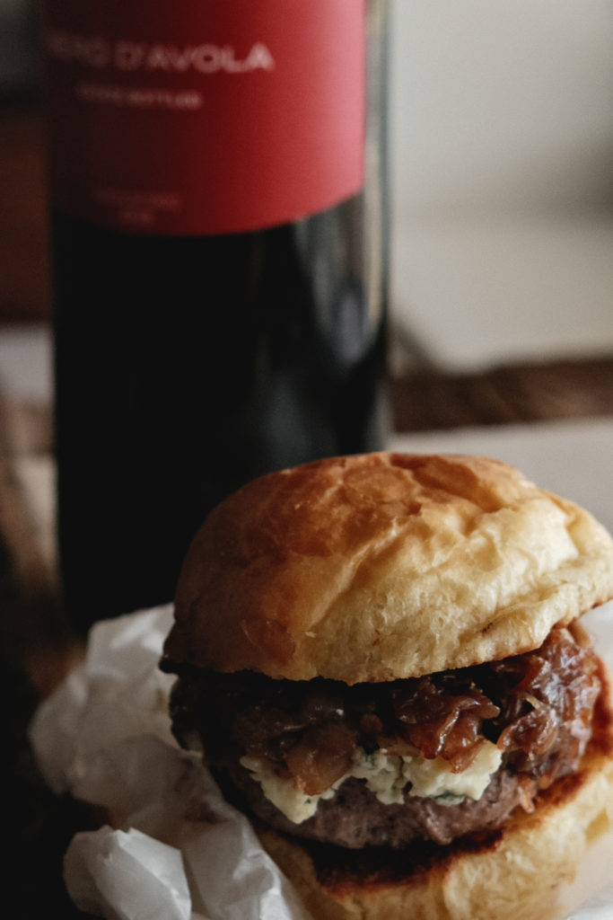 Lamb burger sliders with gorgonzola & caramelized onions paired with Cabernet Sauvignon